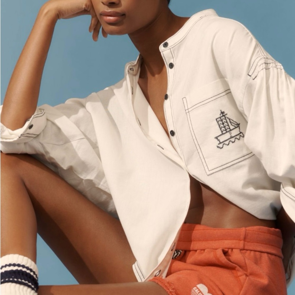 Anthropologie Pilcro batwing linen cotton embroidered blouse in size large nwt